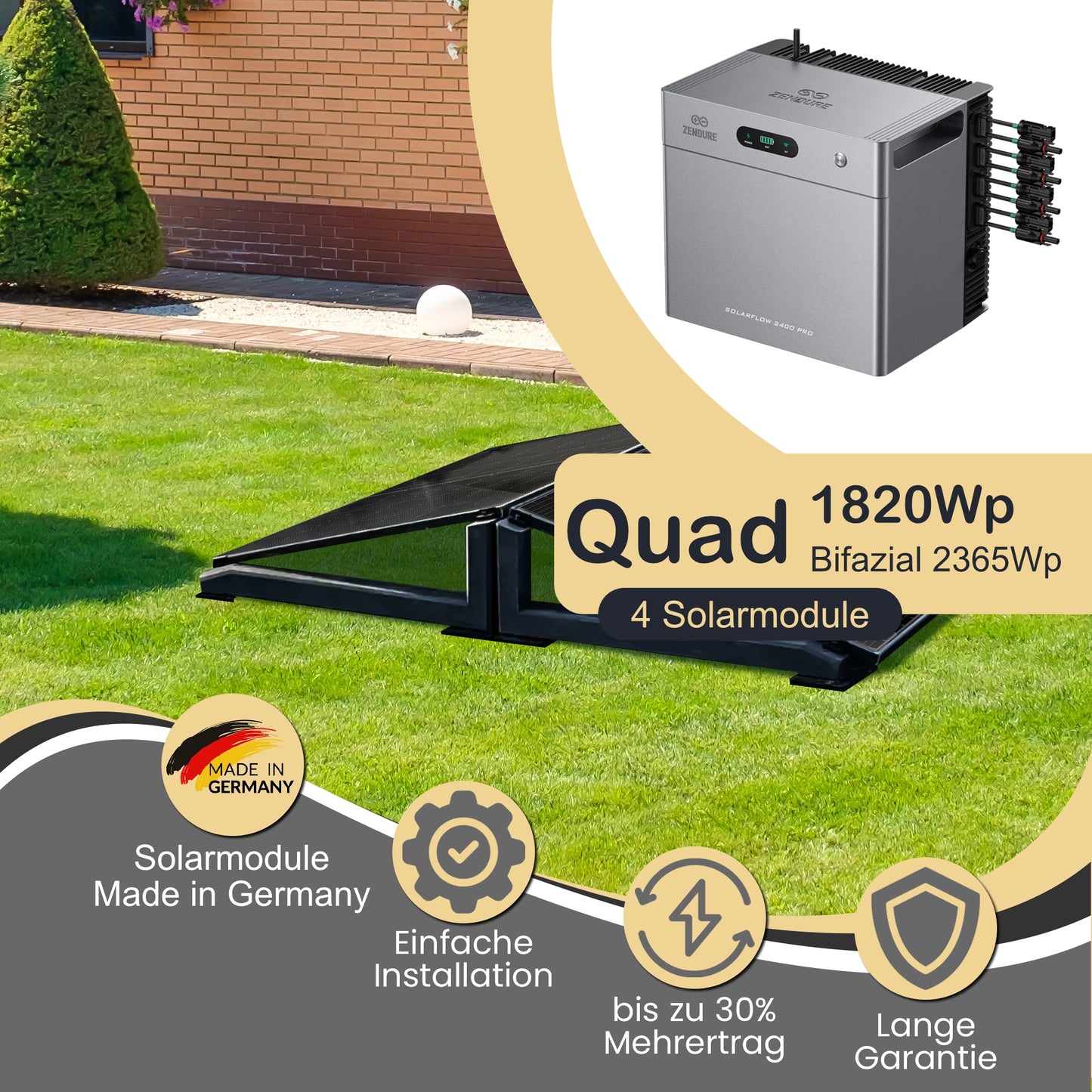 Balkonkraftwerk Quad 1820Wp/800W mit Zendure Solarflow 2400Pro und Wattstone Garten Montageset