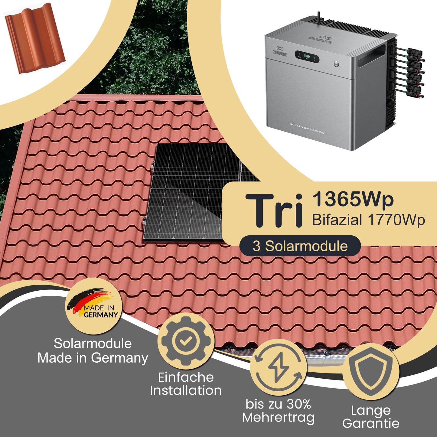Balkonkraftwerk Tri 1365Wp/800W mit Zendure Solarflow 2400Pro und Dach (Pfannenziegel) Montageset
