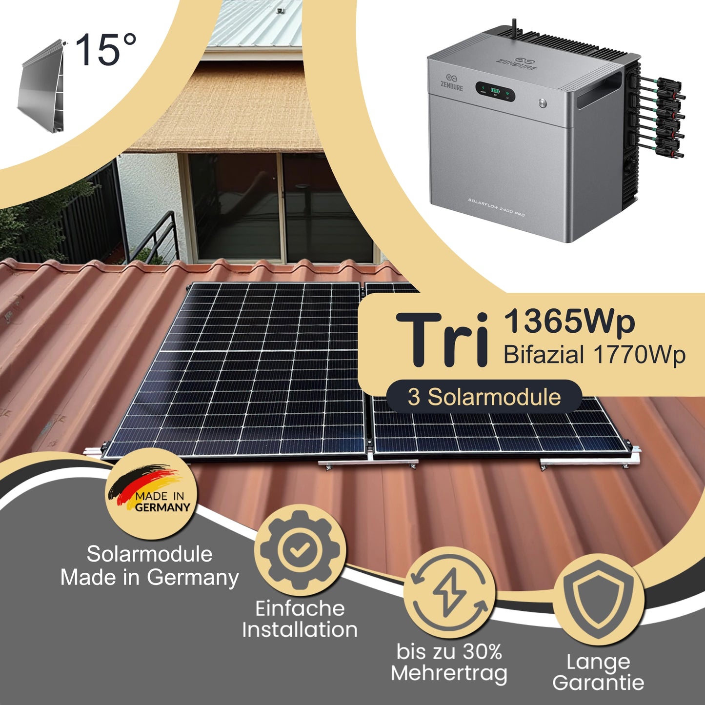 Balkonkraftwerk Tri 1365Wp/800W mit Zendure Solarflow 2400Pro und Trapezdach (15°Winkel) Montageset