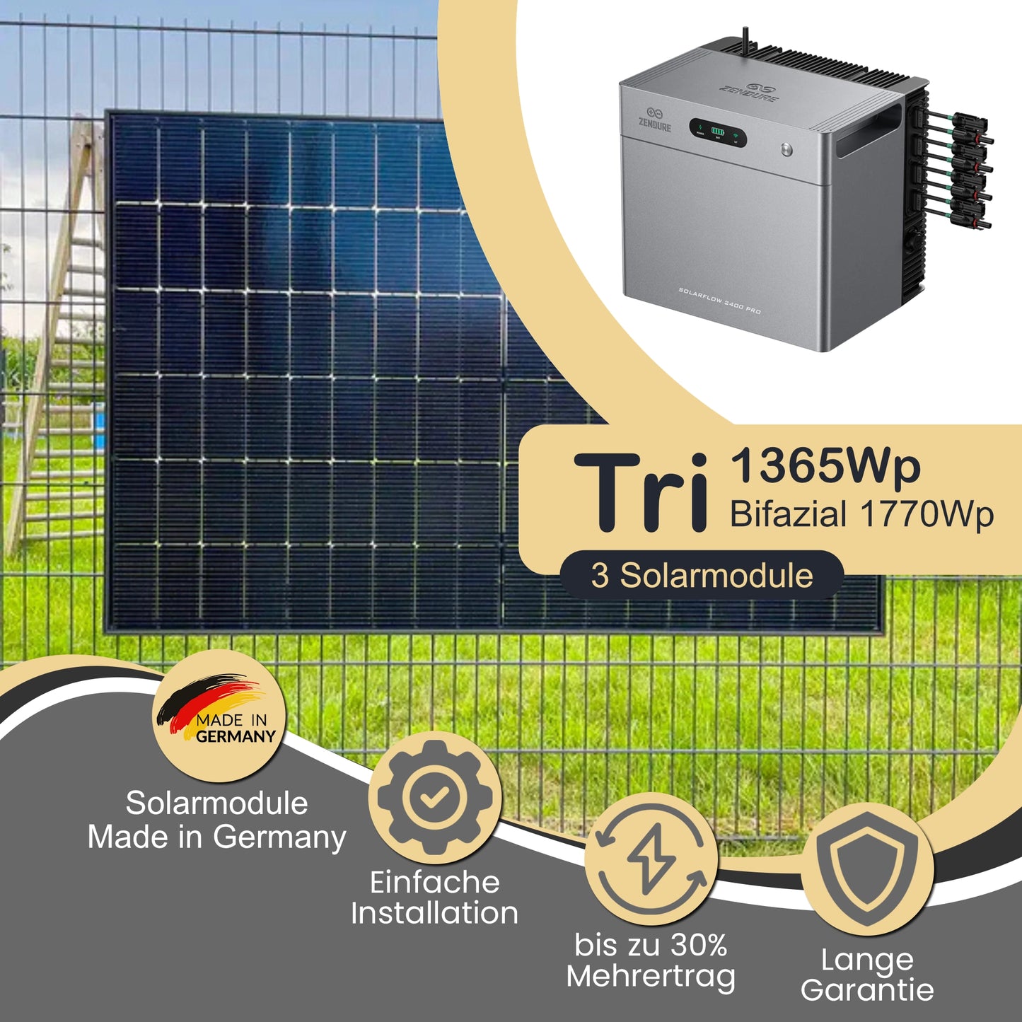 Balkonkraftwerk Tri 1365Wp/800W mit Zendure Solarflow 2400 Pro und ZaunPV Montageset