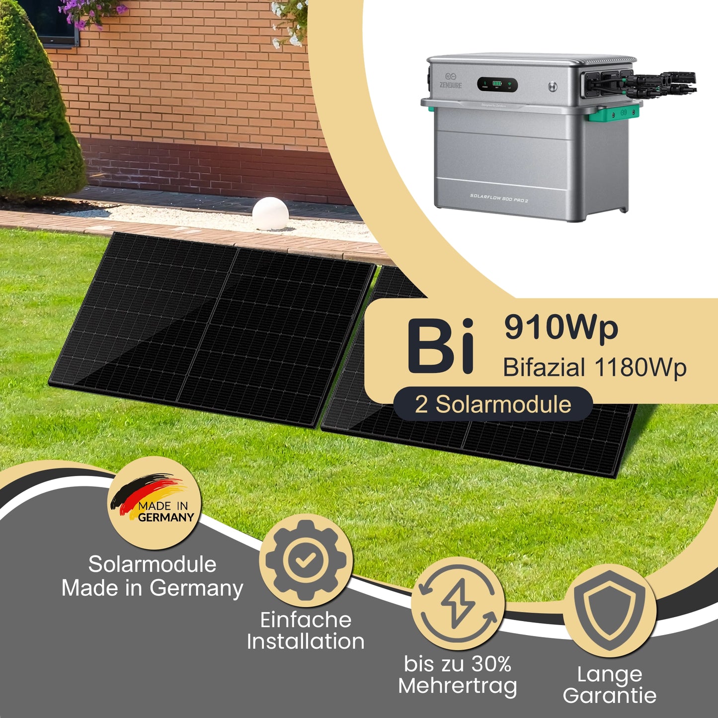 Balkonkraftwerk Bi 910Wp/800W mit Zendure Solarflow 800 Pro 2 und Garten Montageset 20°