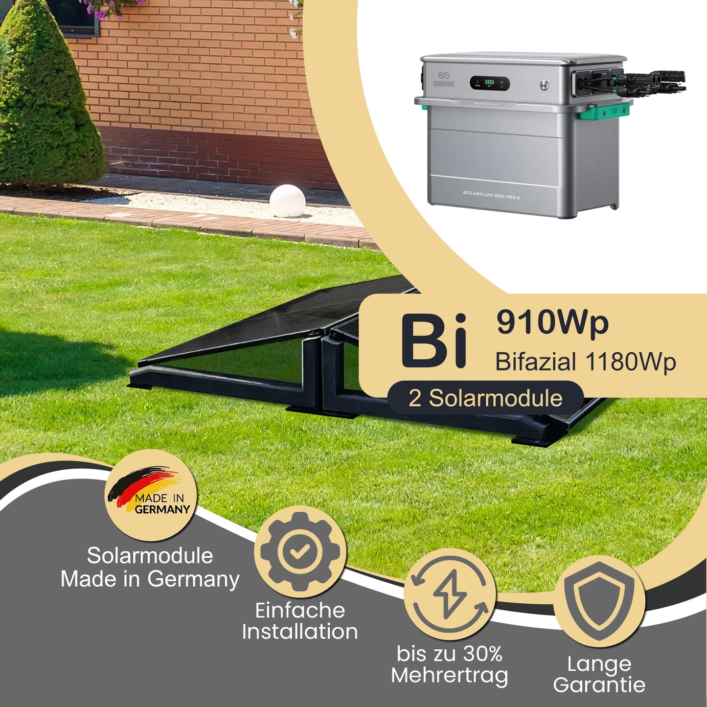 Balkonkraftwerk Bi 910Wp/800W mit Zendure Solarflow 800 Pro 2 und Wattstone 15° Aufständerung