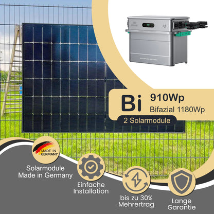 Balkonkraftwerk Bi 910Wp/800W mit Zendure Solarflow 800 Pro 2 und ZaunPV Montageset