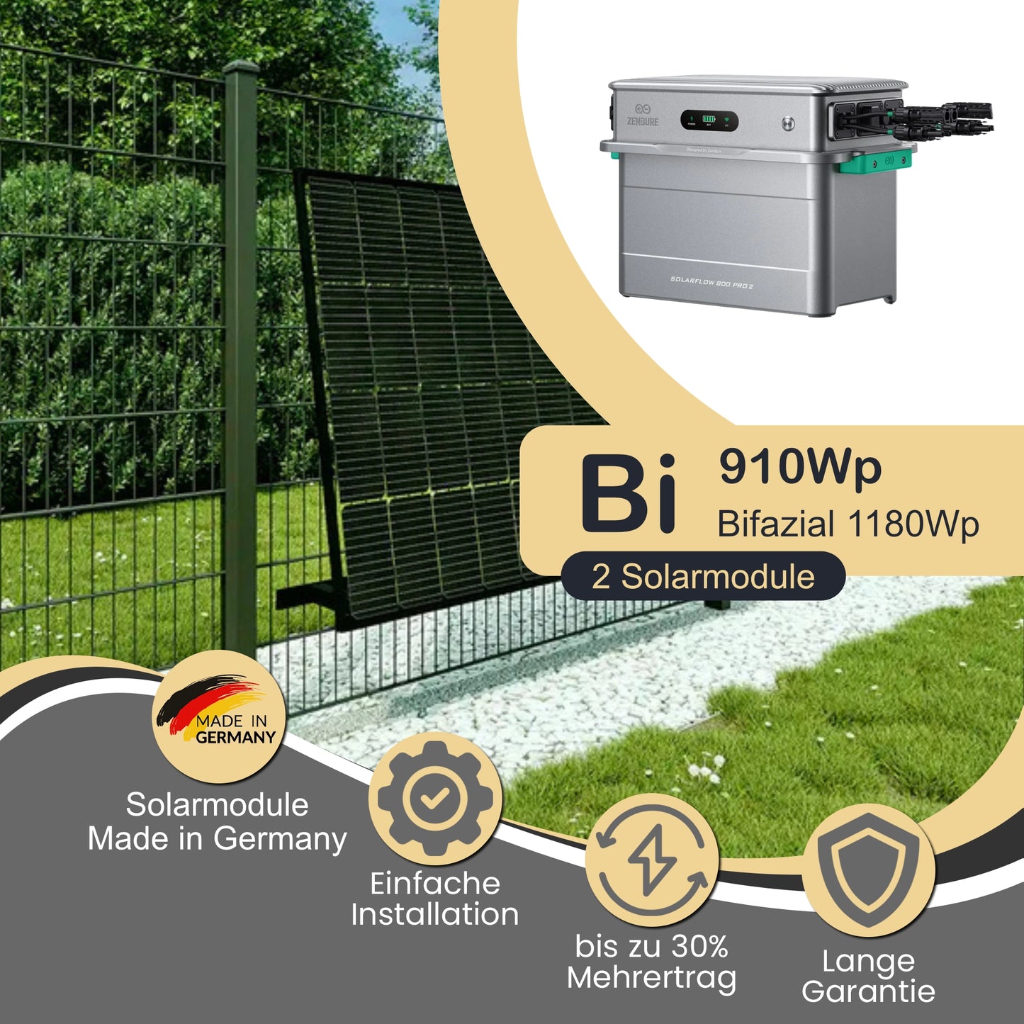 Balkonkraftwerk Bi 910Wp/800W mit Zendure Solarflow 800 Pro 2 und ZaunPV angewinkelt