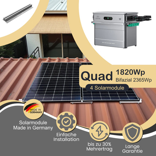 Balkonkraftwerk Quad 1820Wp/800W mit Zendure Solarflow 800 Pro 2 und Trapez-/Holzdach Montageset