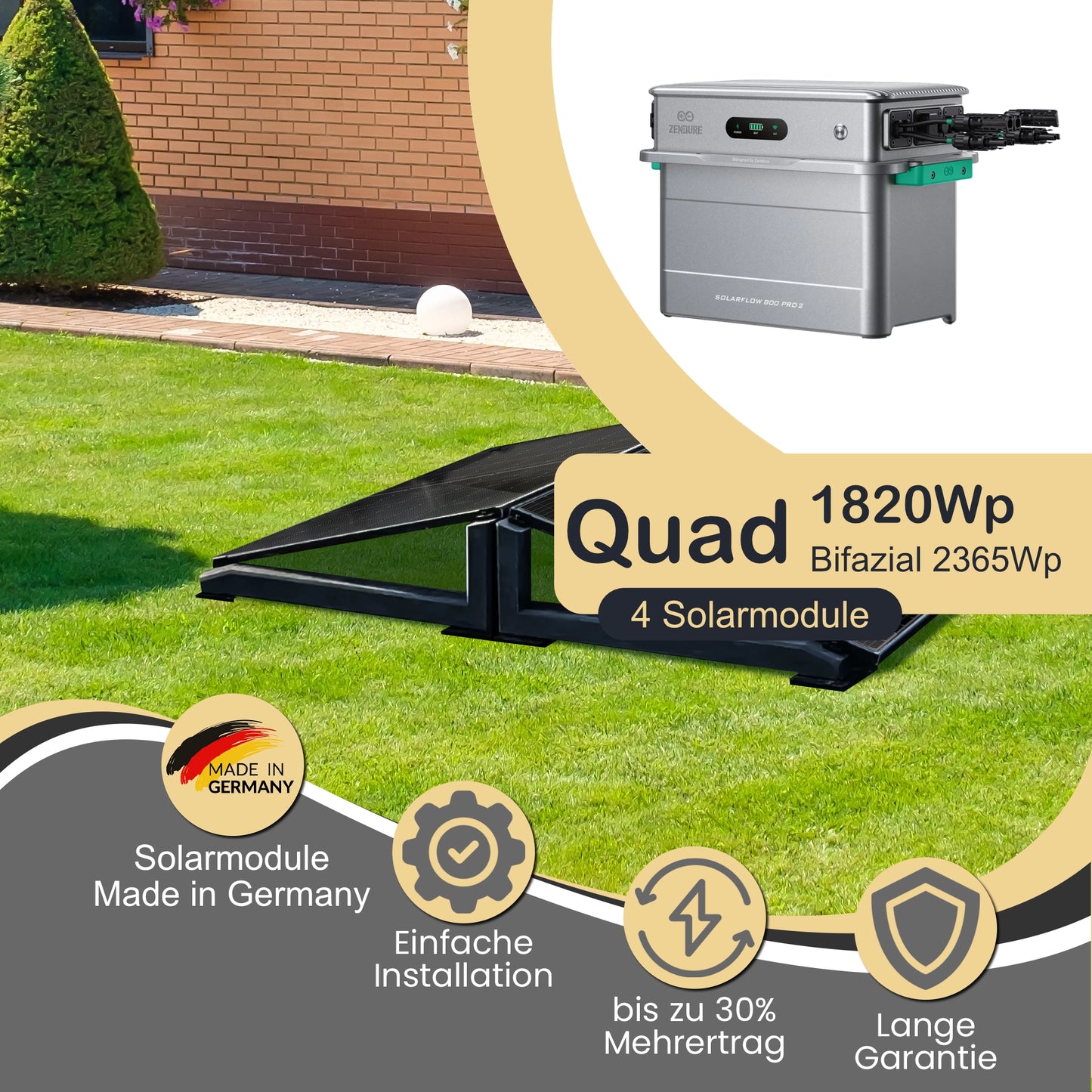 Balkonkraftwerk Quad 1820Wp/800W mit Zendure Solarflow 800 Pro 2 und Wattstone 15° Aufständerung