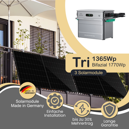 Balkonkraftwerk Tri 1365Wp/800W mit Zendure Solarflow 800 Pro 2 und Balkon Montageset angewinkelt