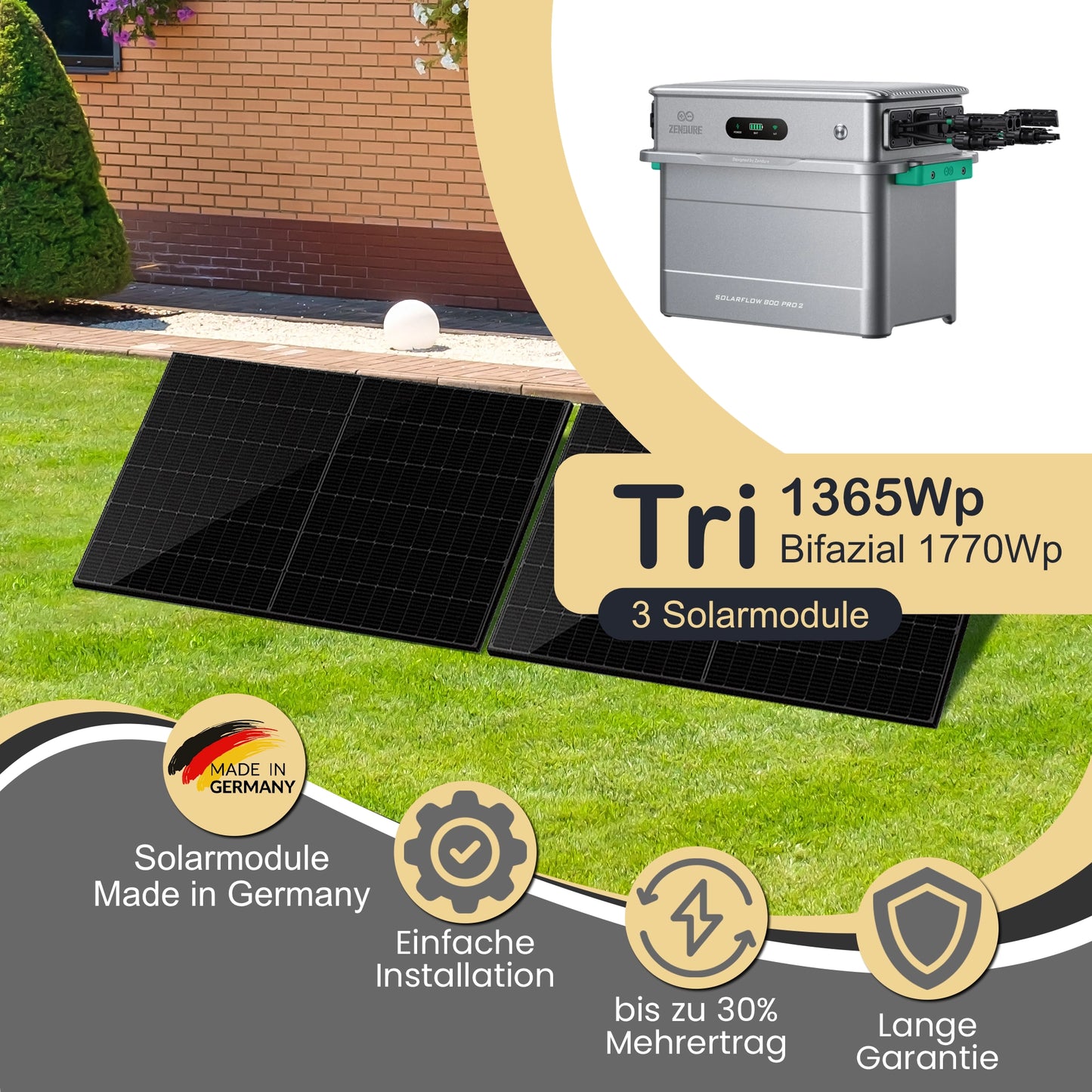 Balkonkraftwerk Tri 1365Wp/800W mit Zendure Solarflow 800 Pro 2 und Garten Montageset 20°