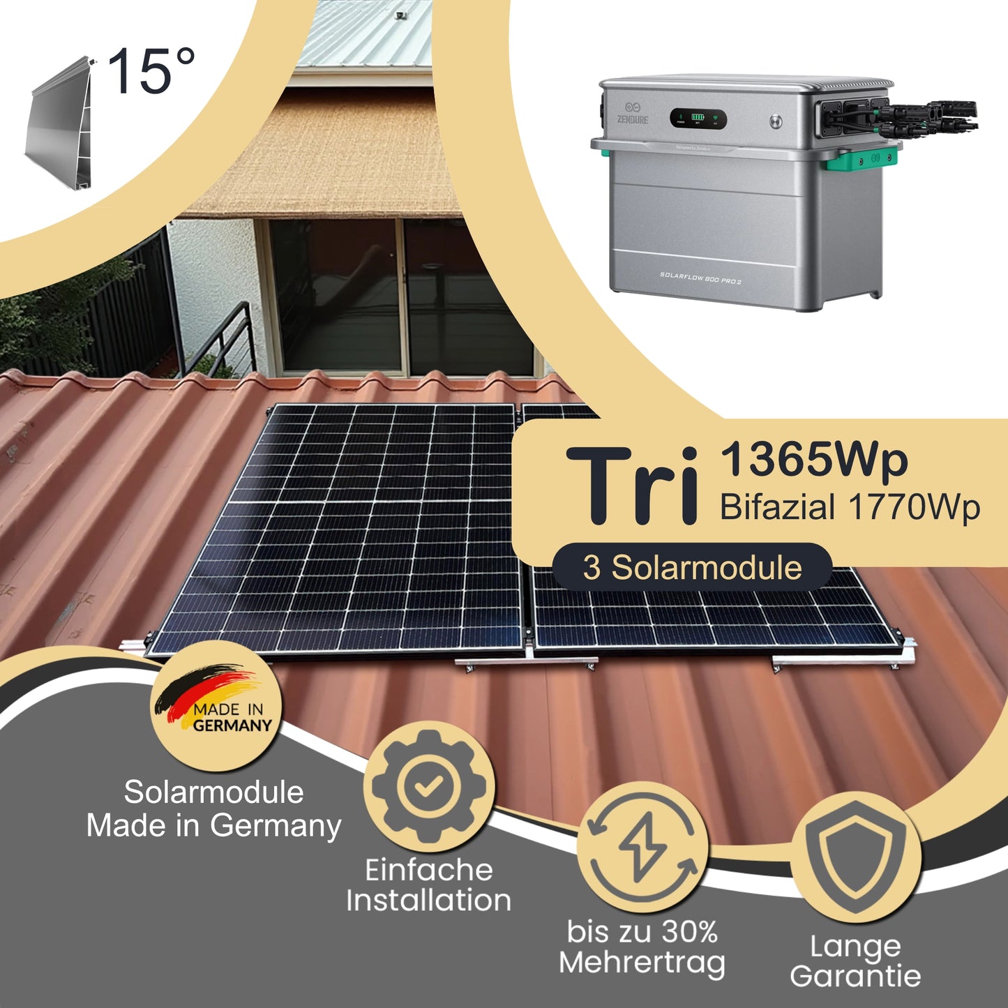 Balkonkraftwerk Tri 1365Wp/800W mit Zendure Solarflow 800 Pro 2 und Trapezdach 15° Neigung