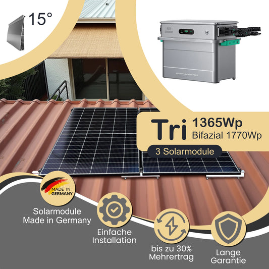 Balkonkraftwerk Tri 1365Wp/800W mit Zendure Solarflow 800 Pro 2 und Trapezdach 15° Neigung