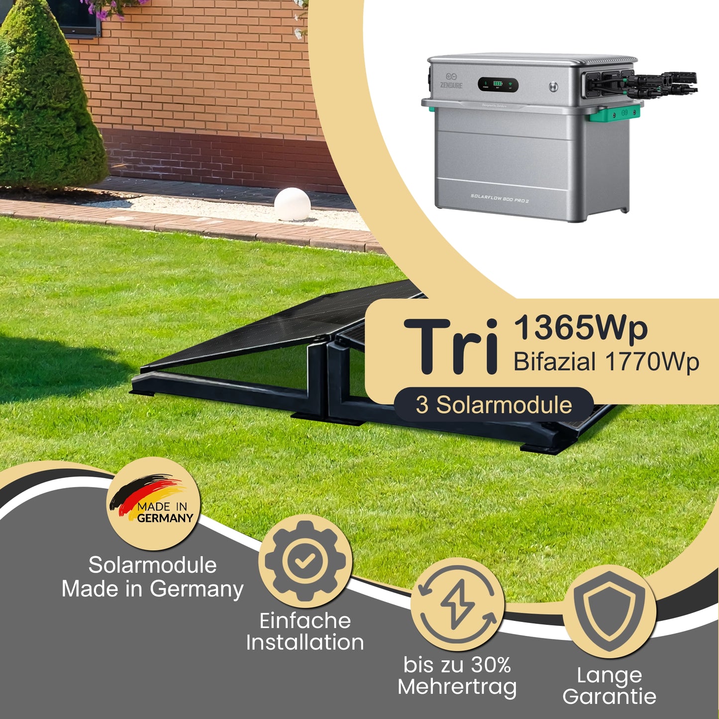 Balkonkraftwerk Tri 1365Wp/800W mit Zendure Solarflow 800 Pro 2 und Wattstone 15° Aufständerung