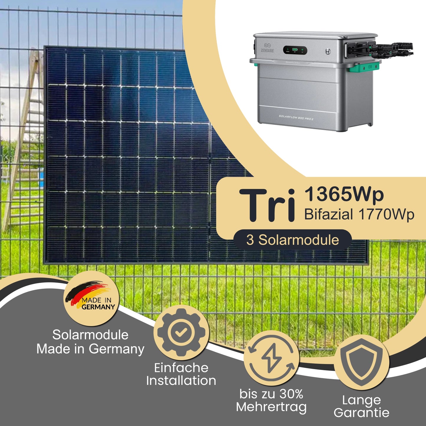 Balkonkraftwerk Tri 1365Wp/800W mit Zendure Solarflow 800 Pro 2 und ZaunPV Montageset