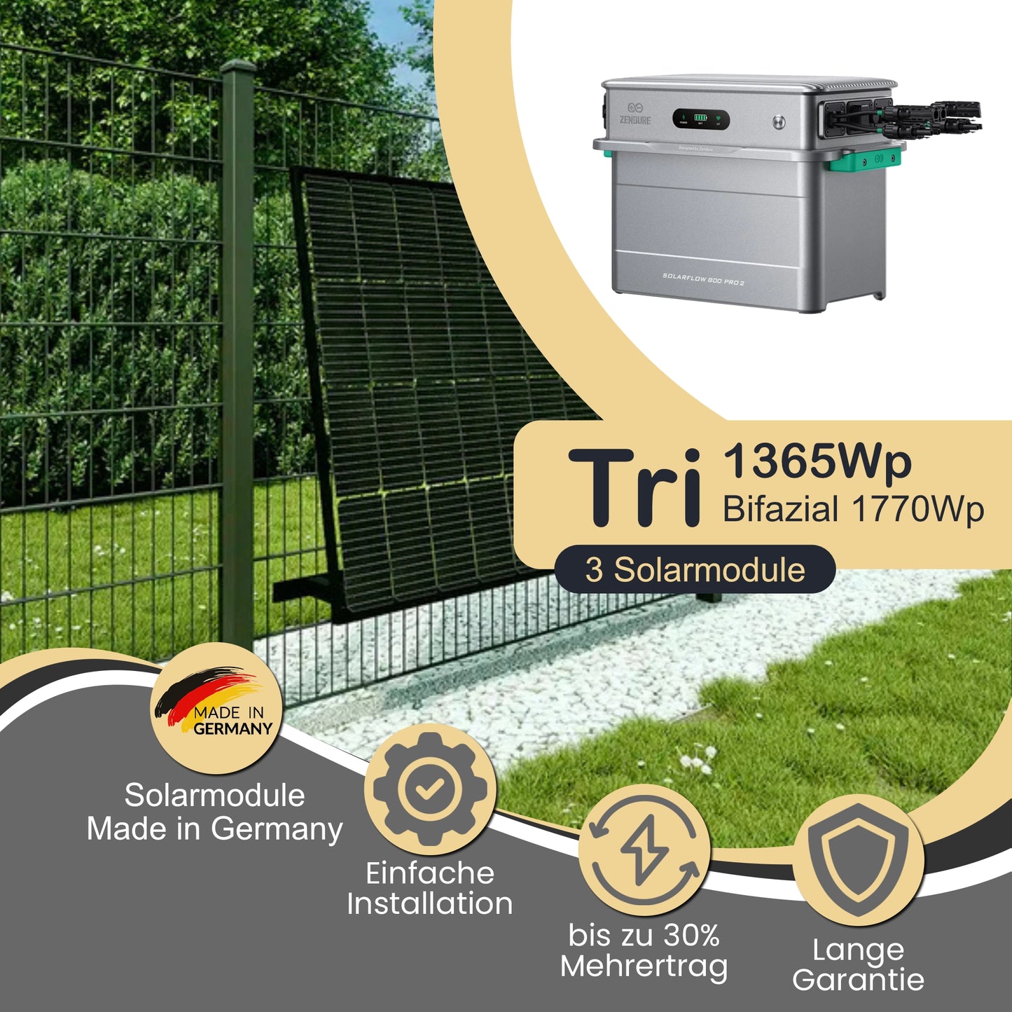 Balkonkraftwerk Tri 1365Wp/800W mit Zendure Solarflow 800 Pro 2 und ZaunPV angewinkelt