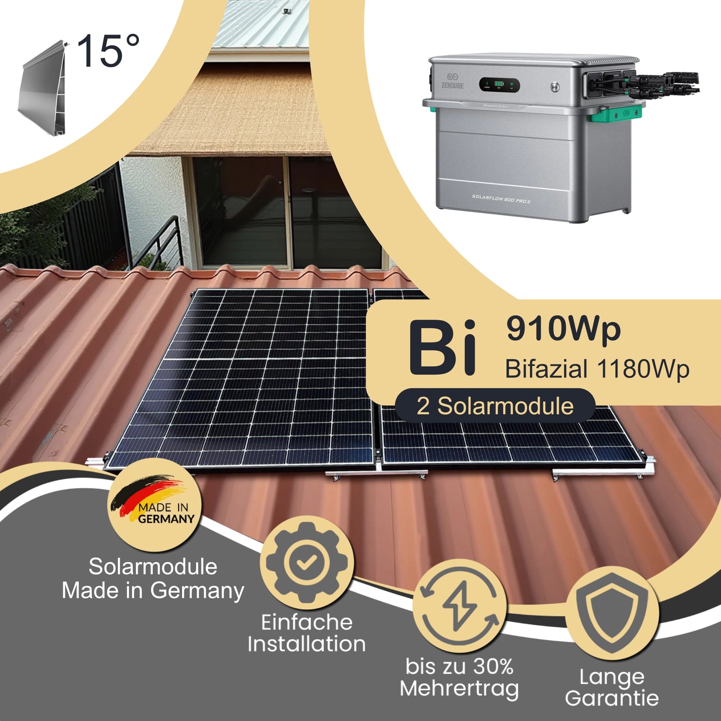 Balkonkraftwerk Bi 910Wp/800W mit Zendure Solarflow 800 Pro 2 und Trapezdach 15° Neigung