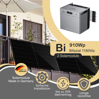 Balkonkraftwerk Bi 910Wp/800W mit Zendure Solarflow 2400Pro und Balkonmontageset angewinkelt