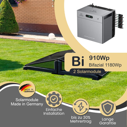 Balkonkraftwerk Bi 910Wp/800W mit Zendure Solarflow 2400Pro und Wattstone Garten Montageset
