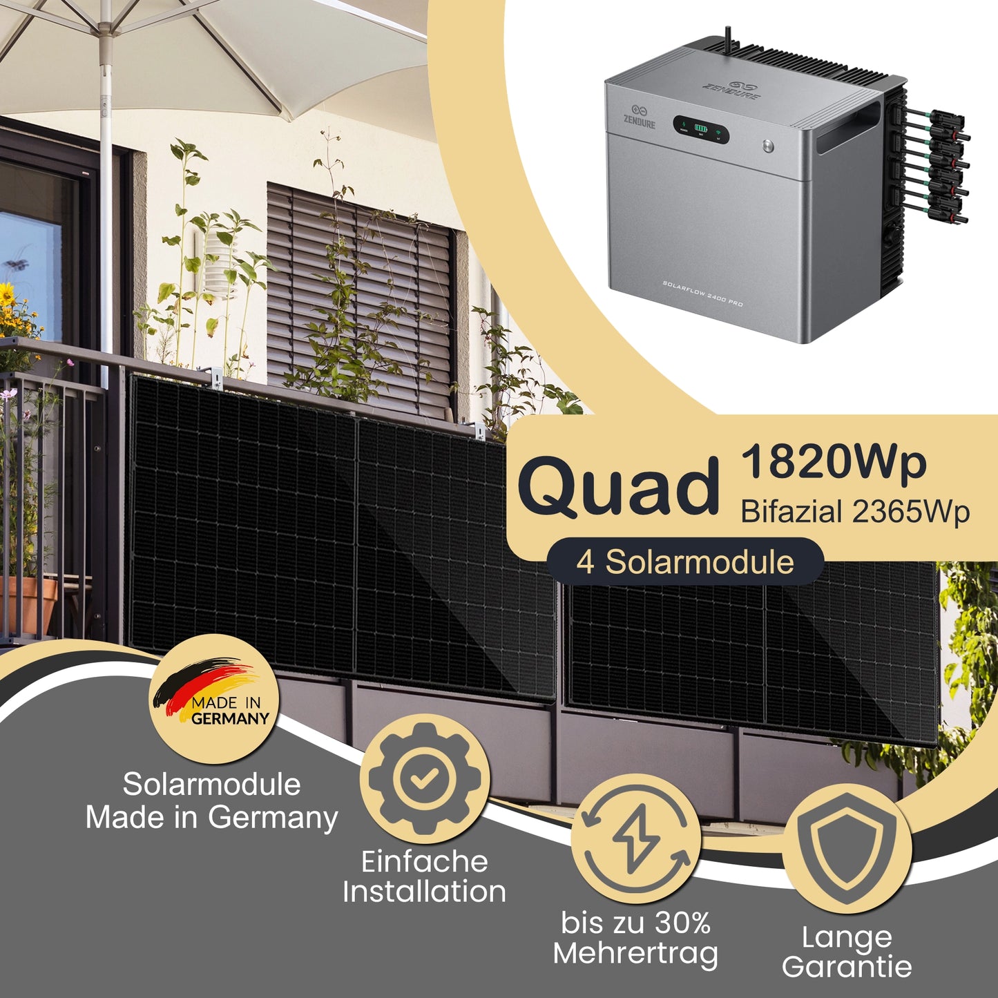 Balkonkraftwerk Quad 1820Wp/800W mit Zendure Solarflow 2400Pro und Balkonmontageset