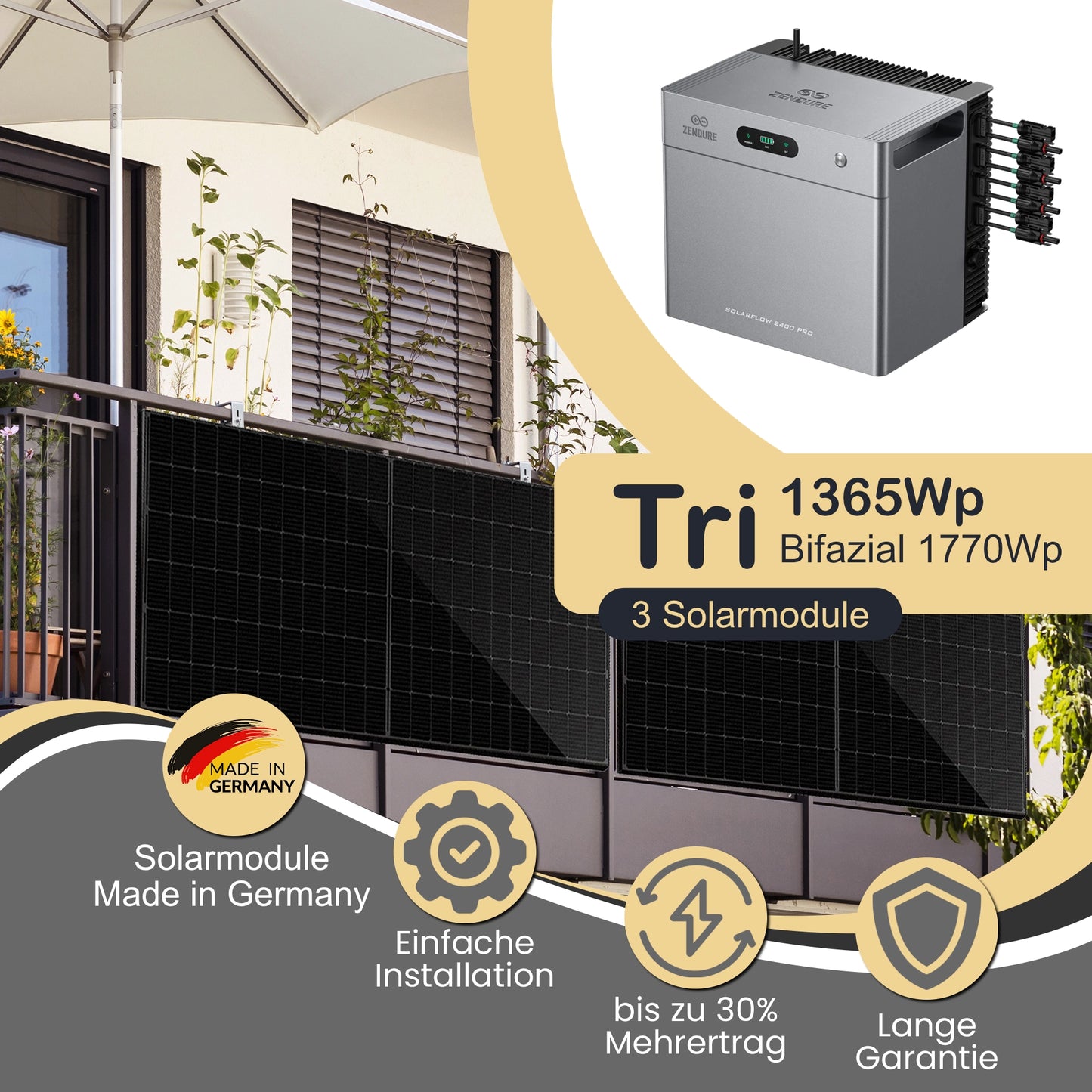 Balkonkraftwerk Tri 1365Wp/800W mit Zendure Solarflow 2400Pro und Balkonmontageset