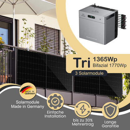 Balkonkraftwerk Tri 1365Wp/800W mit Zendure Solarflow 2400Pro und Balkonmontageset
