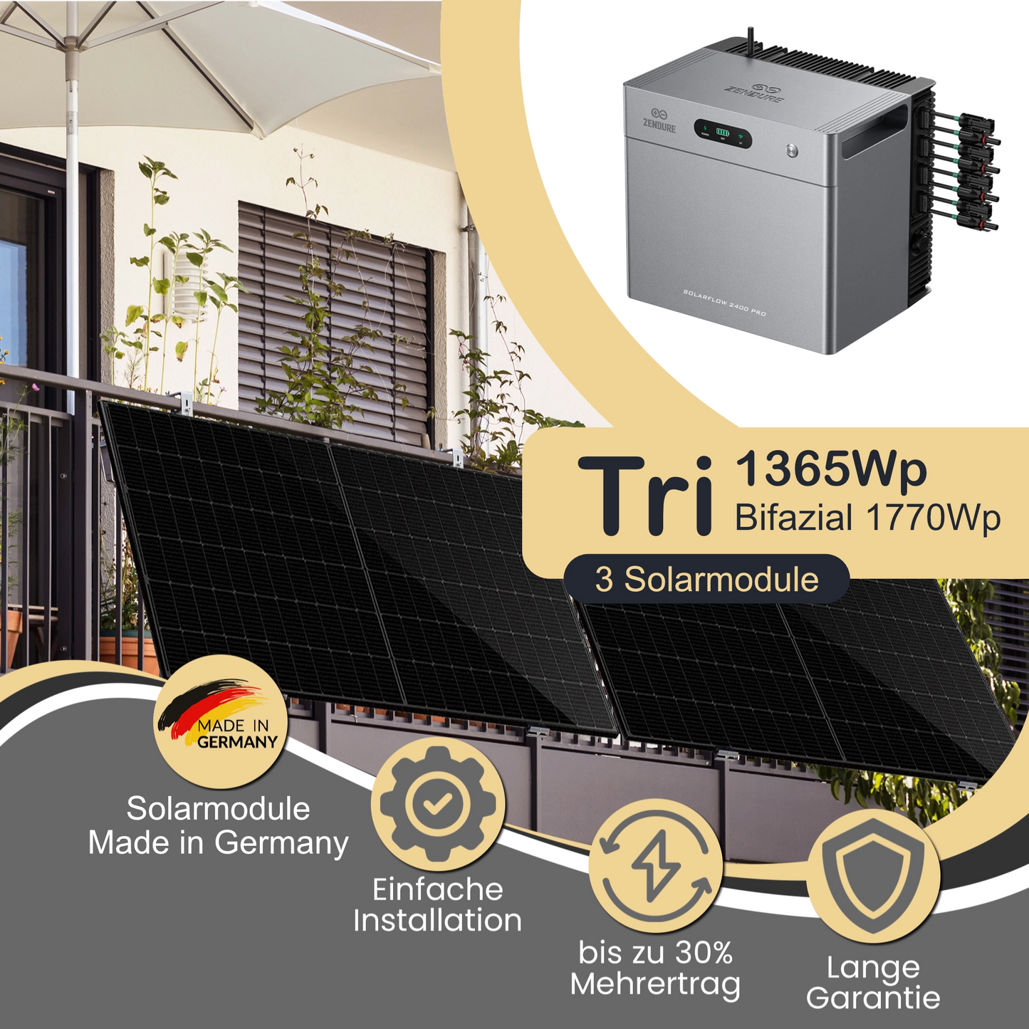 Balkonkraftwerk Tri 1365Wp/800W mit Zendure Solarflow 2400Pro und Balkonmontageset angewinkelt