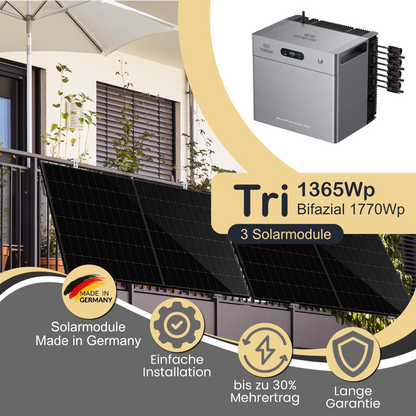 Balkonkraftwerk Tri 1365Wp/800W mit Zendure Solarflow 2400Pro und Balkonmontageset angewinkelt