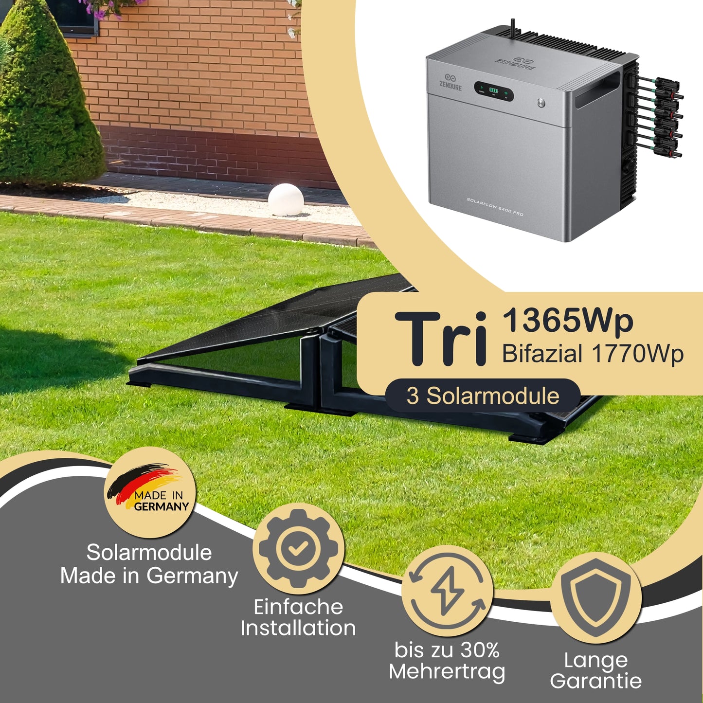 Balkonkraftwerk Tri 1365Wp/800W mit Zendure Solarflow 2400Pro und Wattstone Garten Montageset